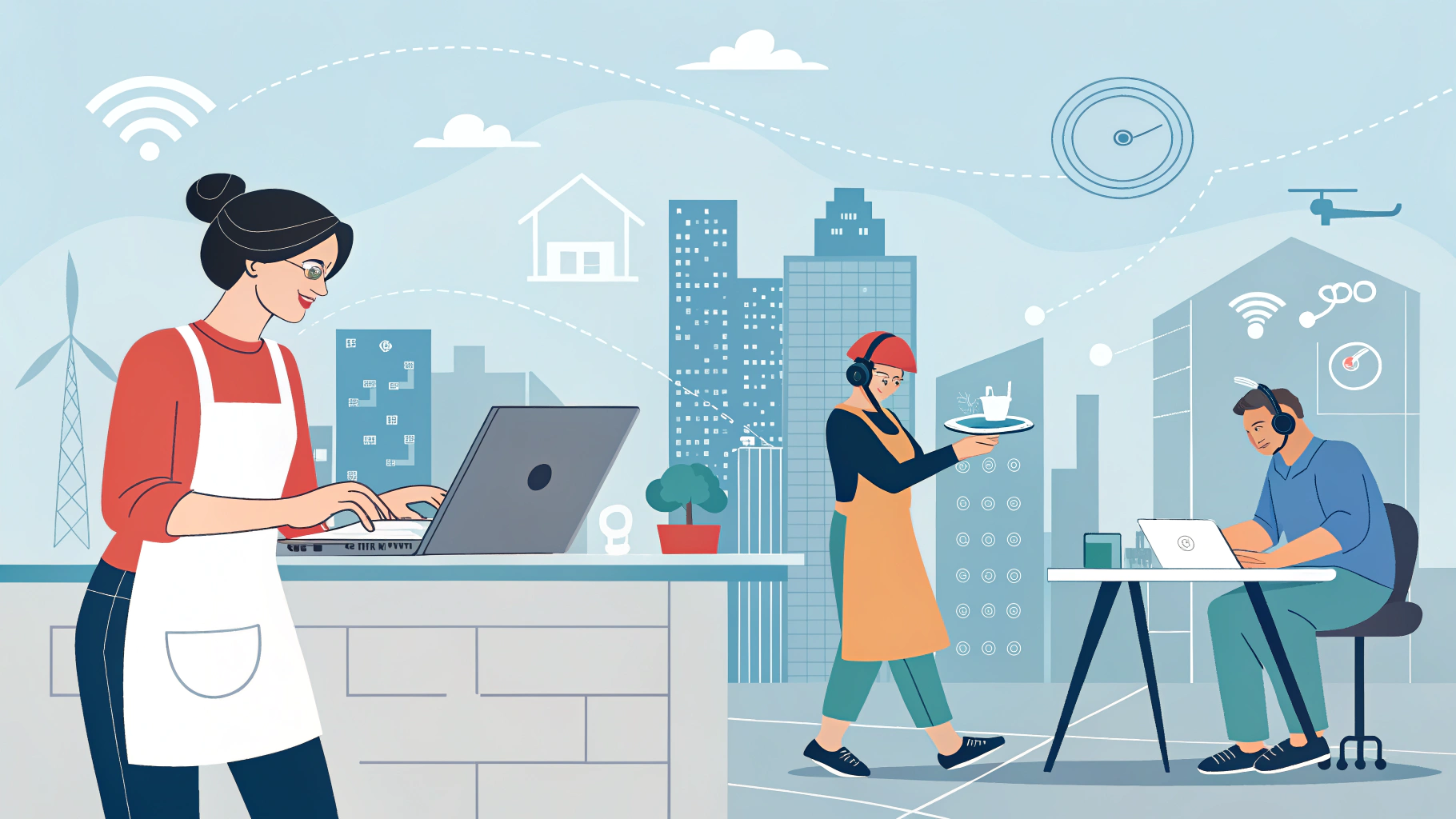 주부와 학생, 직장인이 부업을 하고 있는 사진