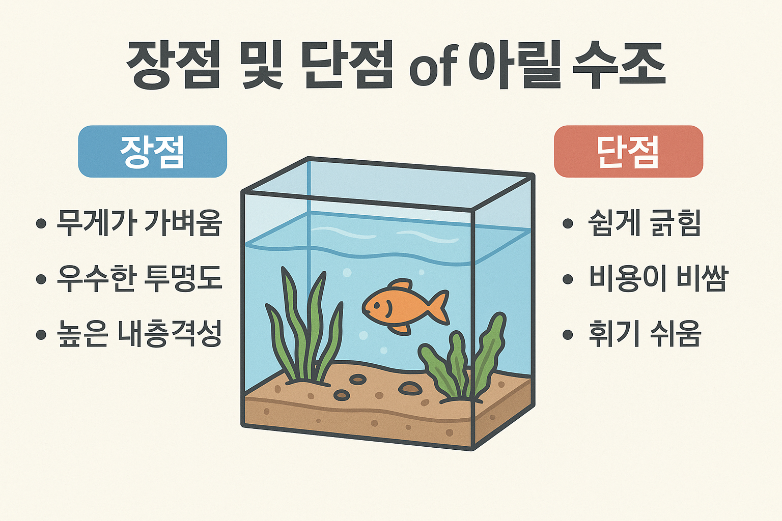 "아크릴 수조의 장점과 단점을 보여주는 일러스트. 가운데에는 금붕어가 헤엄치는 투명한 아크릴 수조가 있으며, 왼쪽에는 장점으로 '무게가 가벼움', '우수한 투명도', '높은 내충격성'이 적혀 있고, 오른쪽에는 단점으로 '쉽게 긁힘', '비용이 비쌈', '휘기 쉬움'이 정리되어 있다."