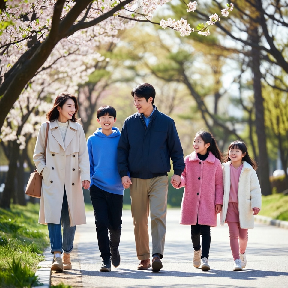 엄마, 아빠, 아이들 3명이서 함께 공원을 산책하는 모습