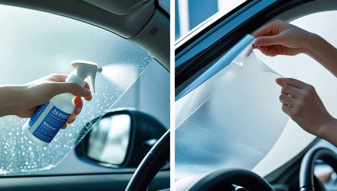 스프레이가 물방울을 넓게 퍼뜨리는 모습, 오른쪽에는 필름이 물방울을 흡수하거나 튕겨내는 모습을 비교하는 인포그래픽 이미지