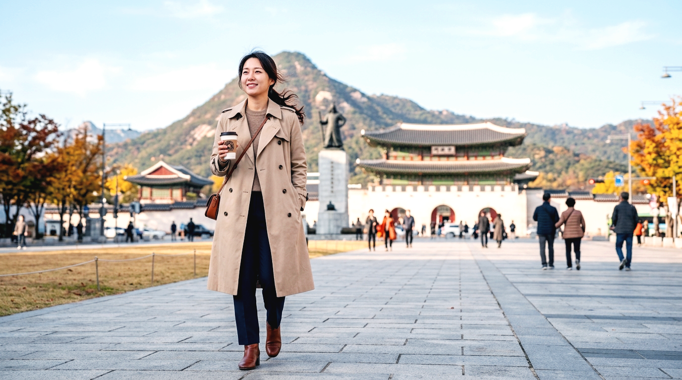 서울 광화문에서 트렌치코트를 입고 15도 날씨 옷차림을 보여주는 한국인 여성