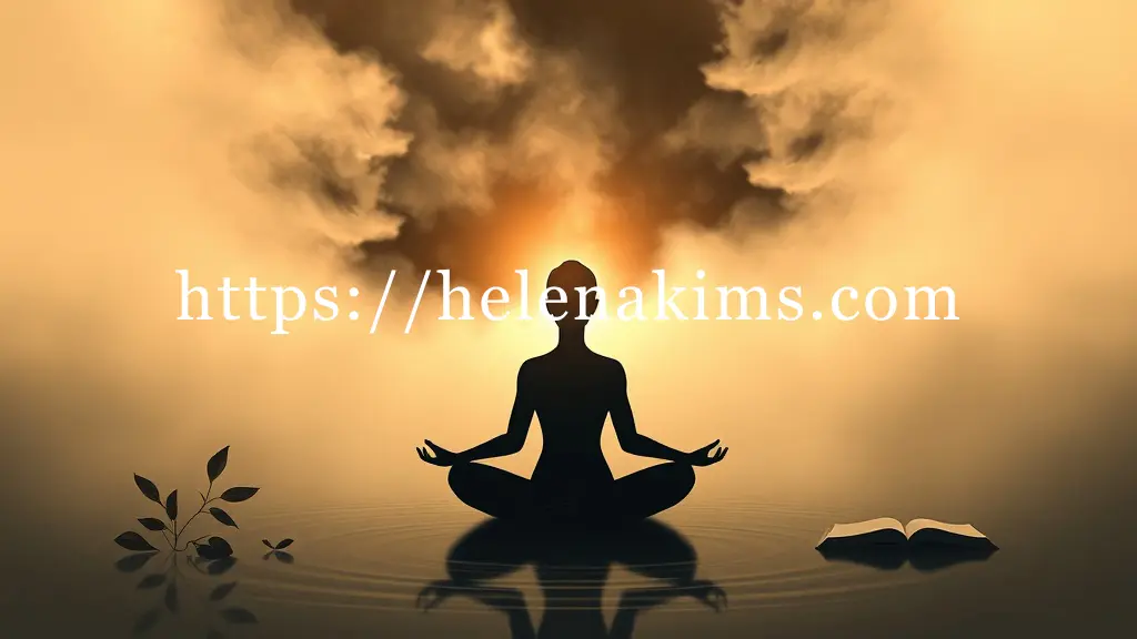 고요하고 배경에, 연꽃 자세로 편안하게 명상하는 여성의 실루엣이 중앙에 있다. 그녀의 머리 위로는 스트레스와 번뇌를 상징하는 어두운 안개가 서서히 걷히고, 그 자리에 따뜻하고 부드러운 빛이 스며들어 내면의 평화와 긍정적인 에너지가 표현되고, 주변에는 나뭇잎, 잔잔한 물결, 책 한 권 등 평온을 상징하는 요소들을 표현한 이미지.