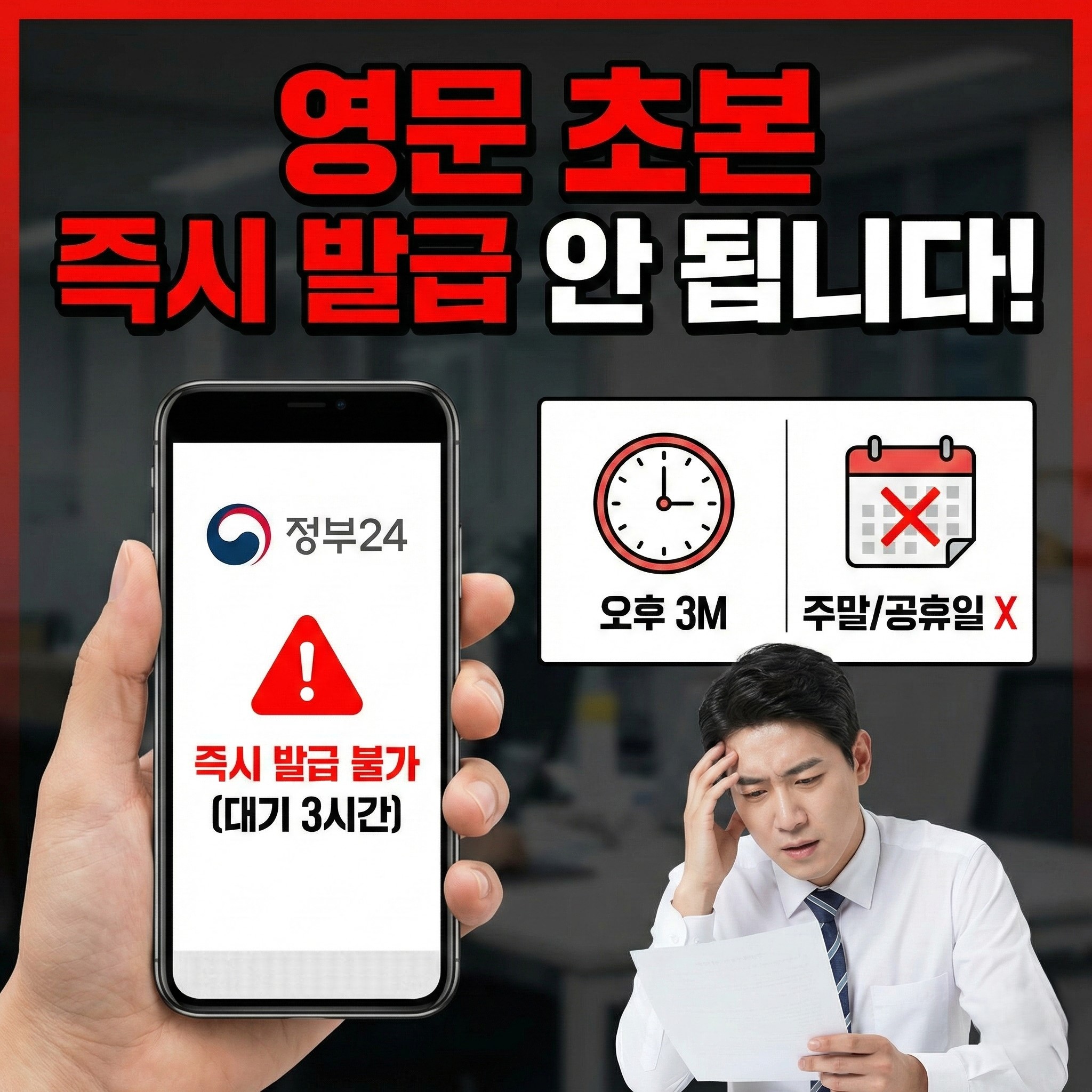 영문 주민등록초본은 정부24에서 무료로 신청할 수 있지만 즉시 발급이 아니며, 관할 주민센터 담당자 승인을 거쳐 평일 기준 약 3시간이 소요됩니다.