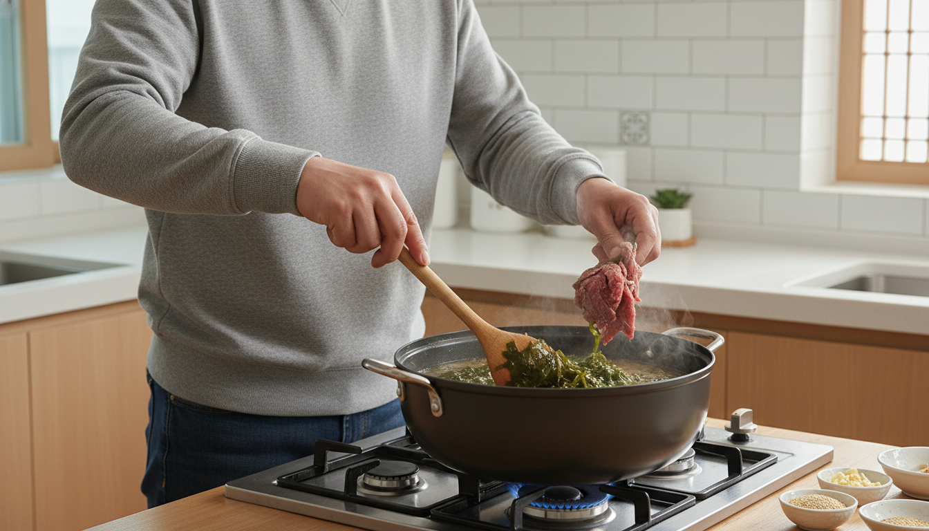 현대 한국 의상을 입은 남성이 미역과 소고기를 냄비에 볶는 모습.