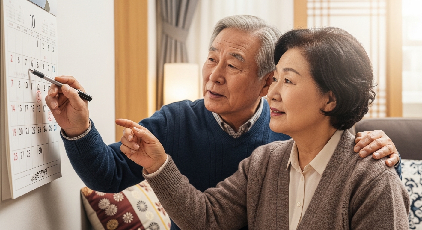 2025년 국민연금 제도 변경에 맞춰 노후 계획을 세우는 노년 부부.