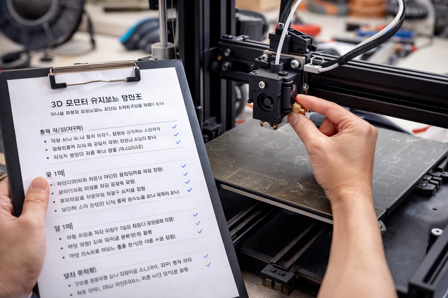 3D 프린터 유지보수 점검표를 확인하며 노즐과 베드를 살펴보는 작업대 대표 이미지