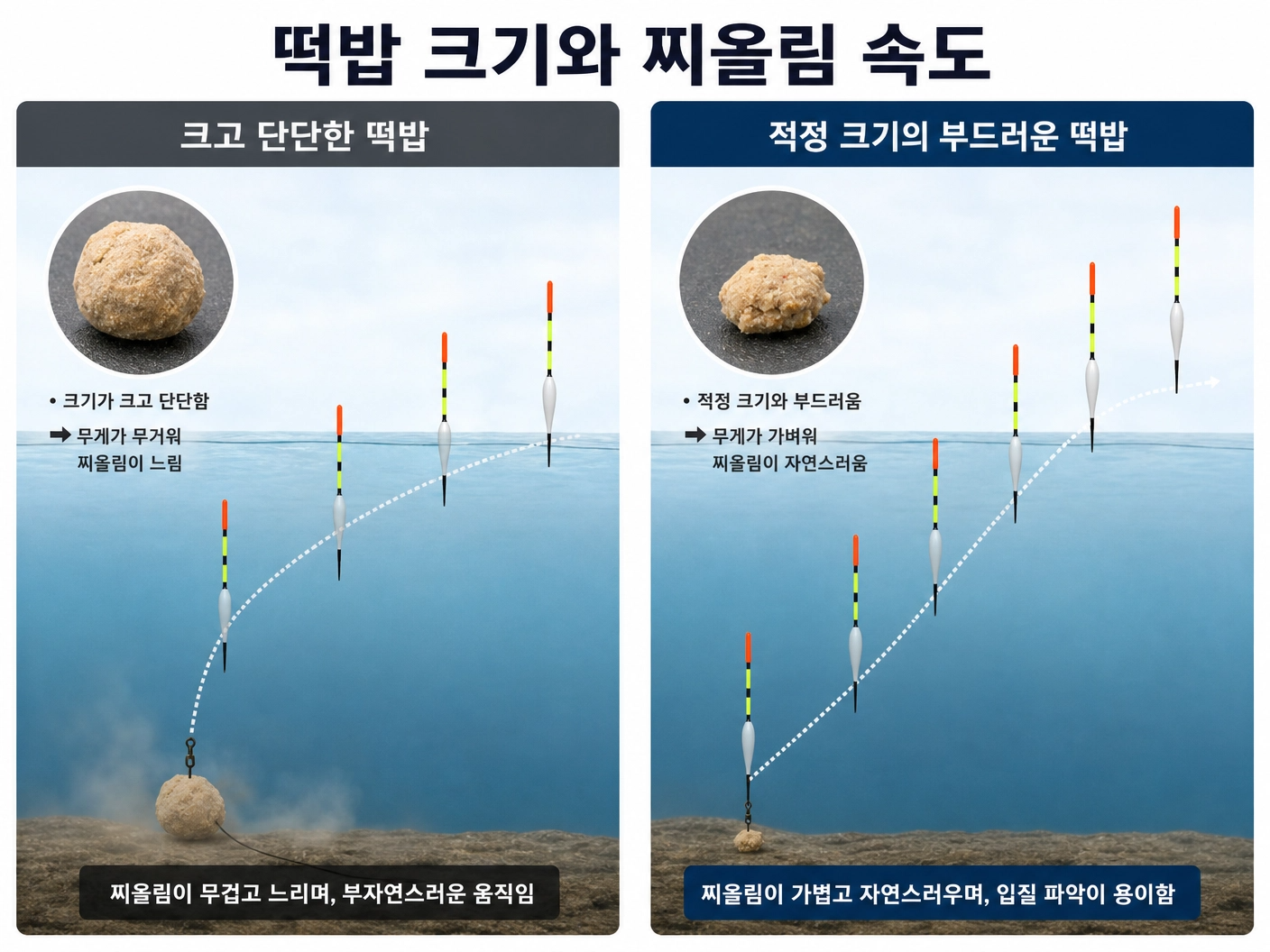 떡밥크기와 찌올림속도의 비교