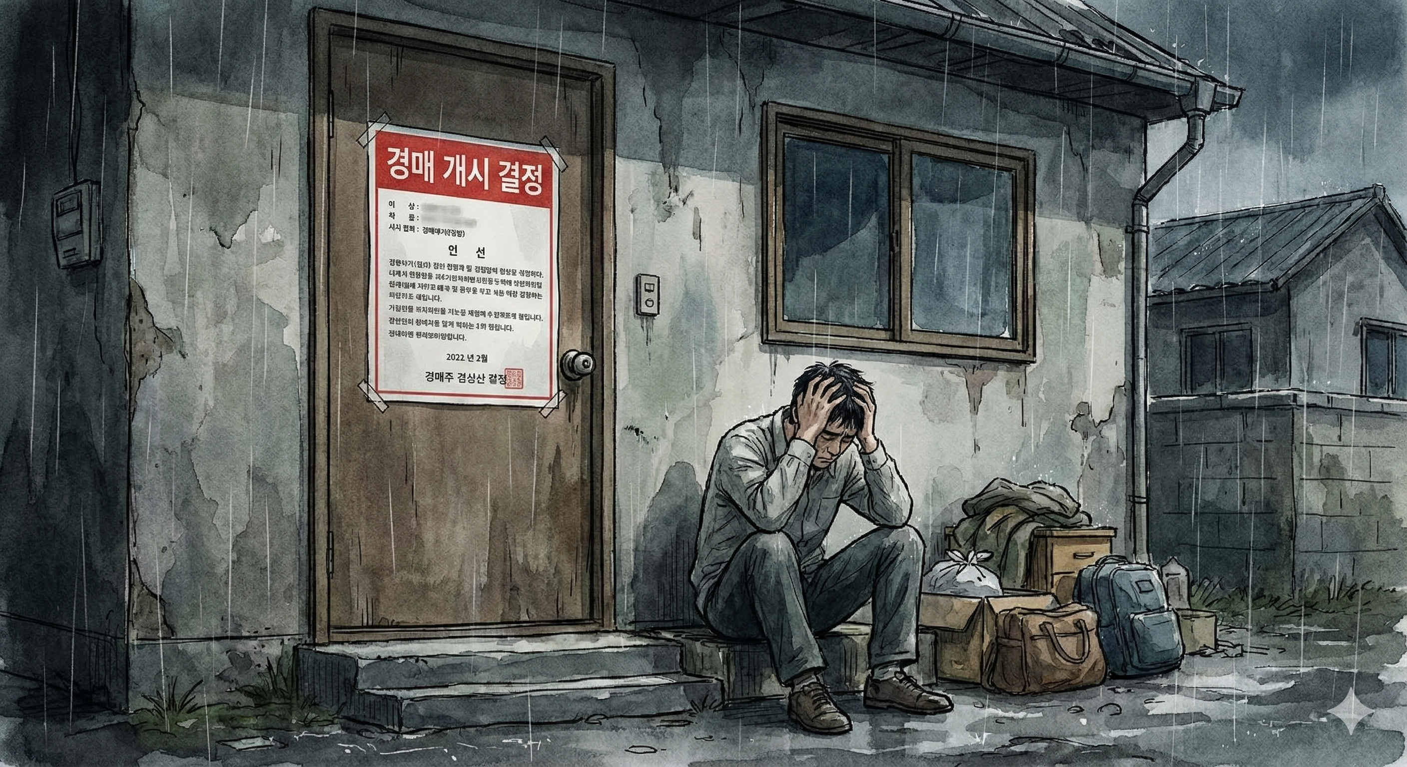 경매로 넘어간 집 앞에서 좌절하는 세입자 일러스트