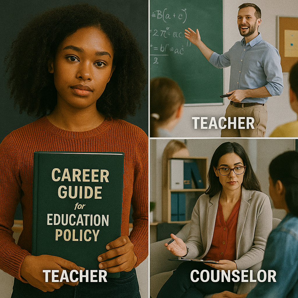 교육학과 진출 직무를 설명하는 이미지로, 중심에는 경력 가이드를 든 여성이 있으며, 교사, 교육정책 담당자, 상담사가 각기 다른 장면에서 업무 중인 모습이 나타나 있다