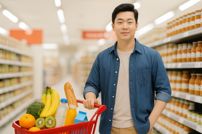 슈퍼마켓에서 장바구니를 밀며 미소 짓고 있는 청년, 장바구니에는 과일과 식료품이 가득 담겨 있음