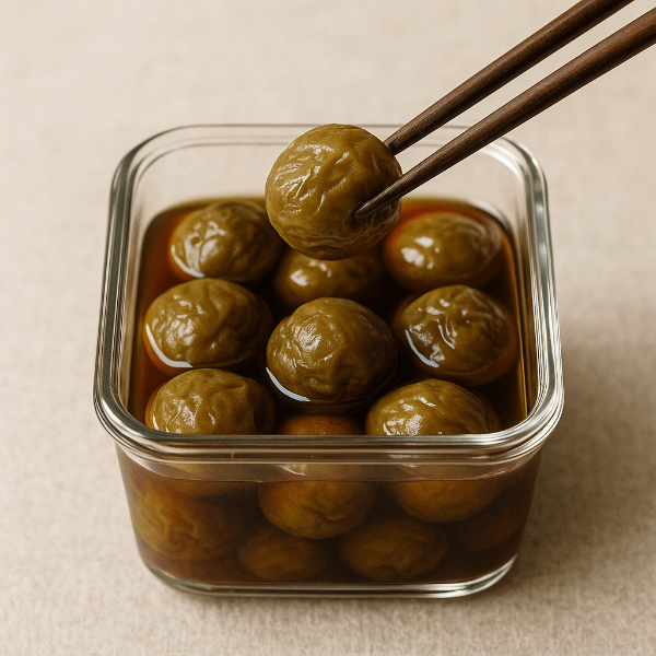 매실장아찌 하나를 젓가락으로 든 이미지