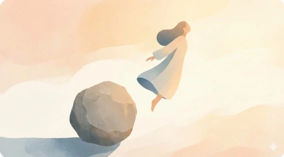 무거운 돌을 놓고 하늘로 떠오르는 사람 일러스트