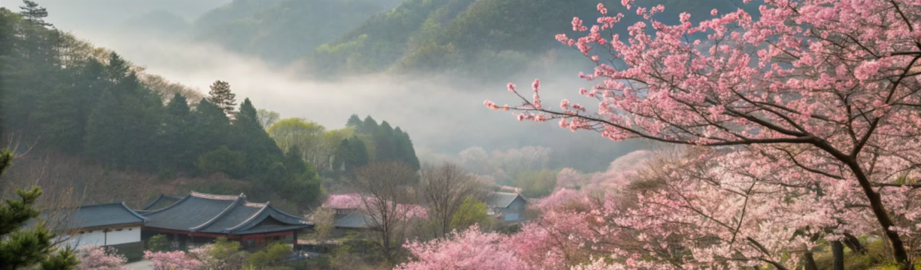 물안개 핀 산골마을에 화사하게 피어난 벚꽃