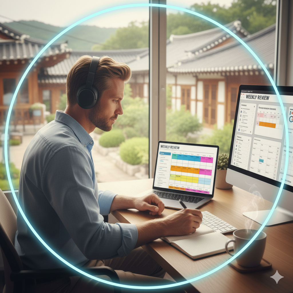 사무실 책상 위에서 타임블로킹 캘린더를 활용해 집중업무루틴을 실행하며 몰입하는 직장인의 모습 (이미지 생성:google)