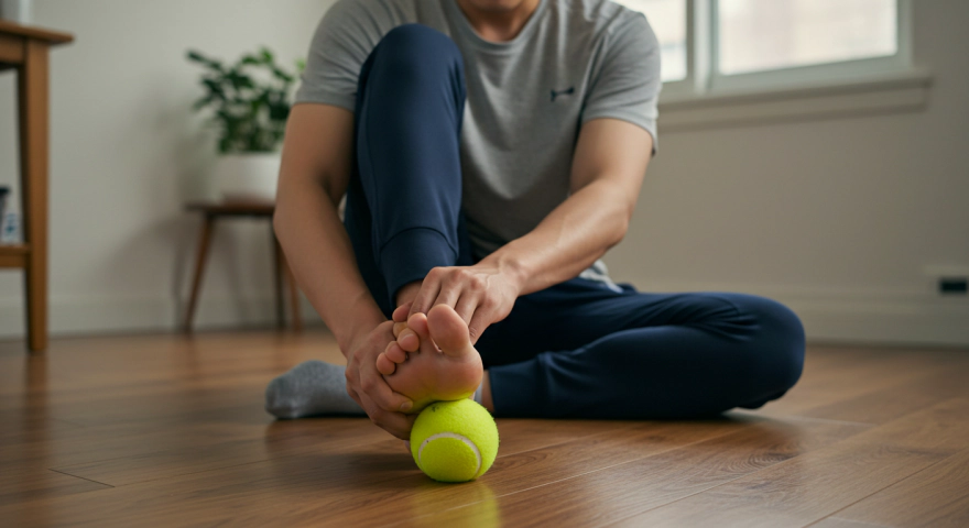 테니스공을 발바닥 밑에 두고 마사지하는 한국인 남성