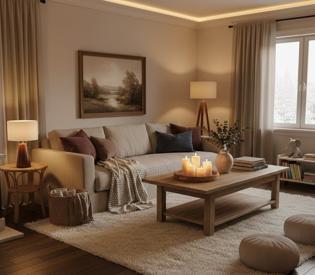 가족형 거실 겨울 감성 인테리어 팁 - 겨울감성, 소재, 조명