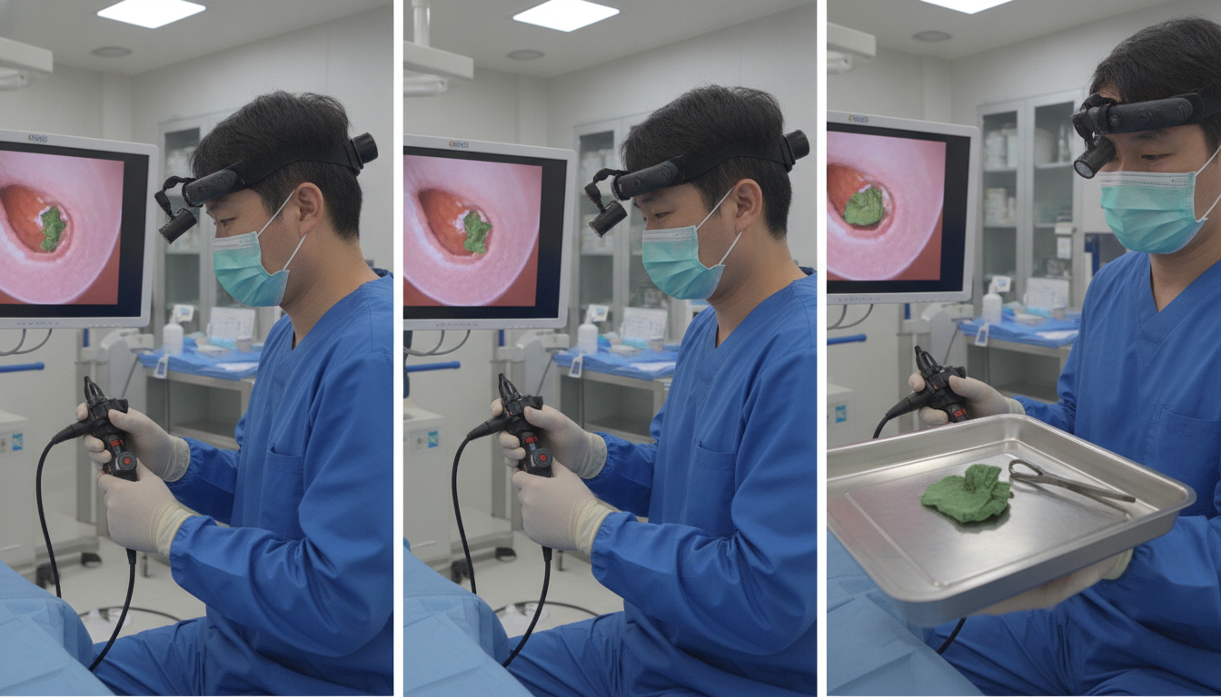 고양이 내시경으로 이물질을 제거하는 수의사의 숙련된 모습과 내시경 화면, 성공적으로 제거된 이물질을 보여주는 3단계 과정.