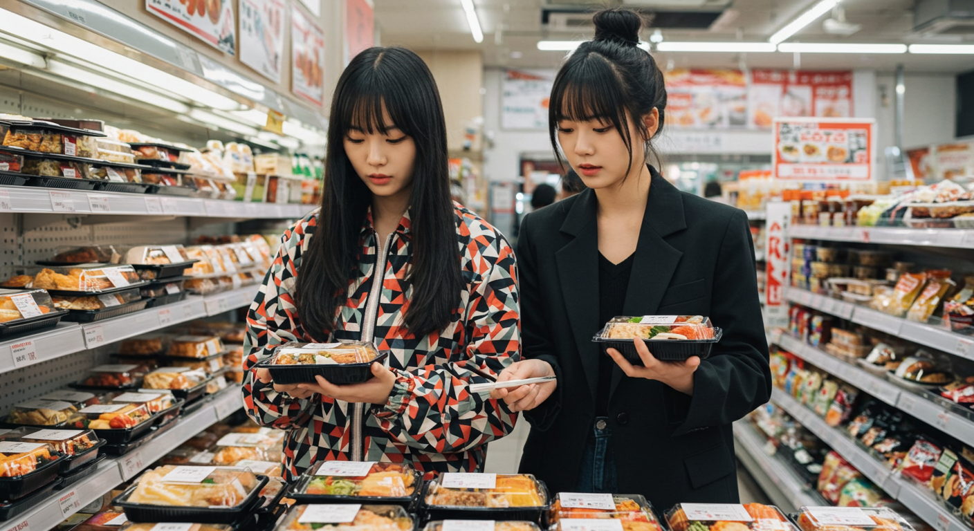 일본 마트에서 도시락을 고르고 있는 한국여성 두명.