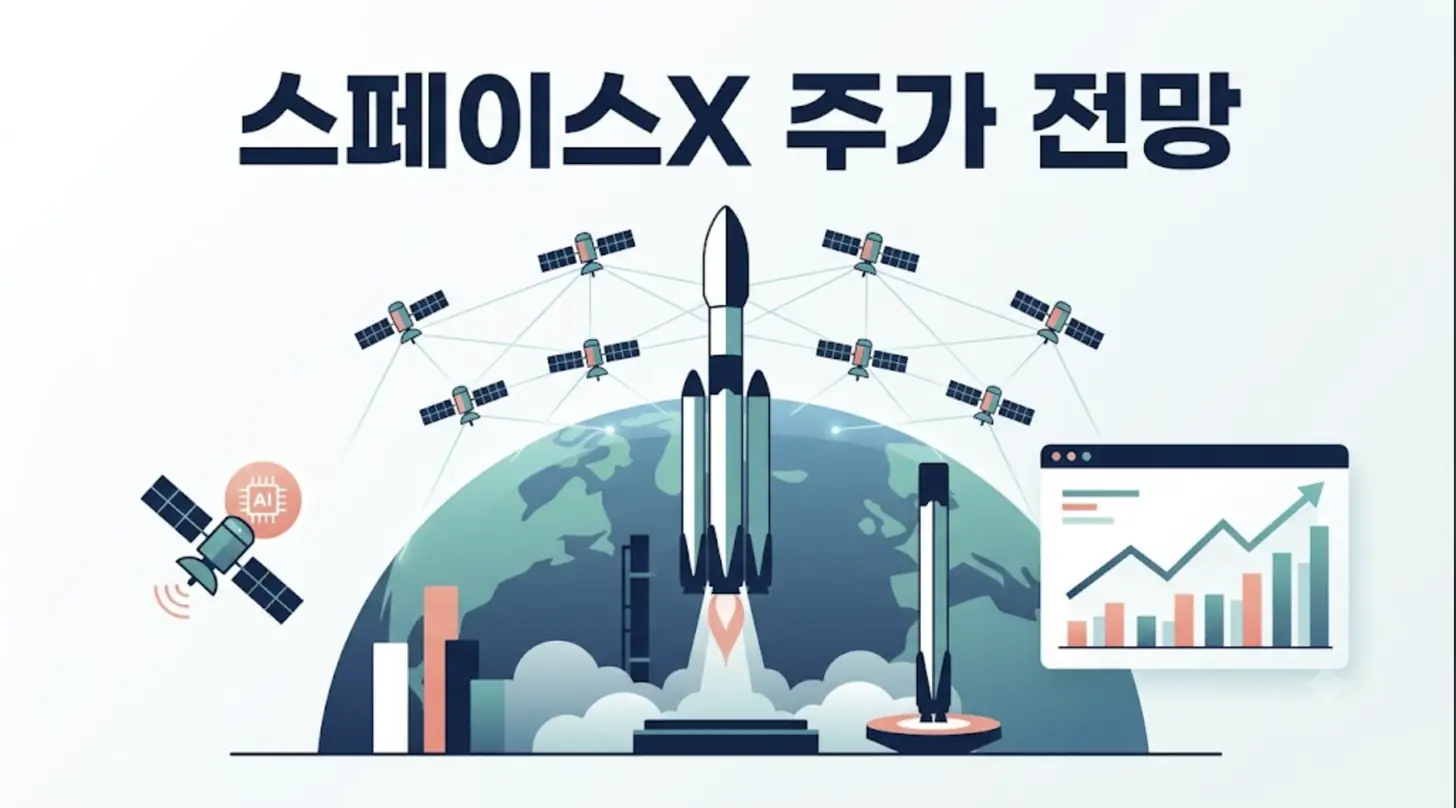 스페이스X 주가 전망: 지구 위로 로고 없는 대형 로켓이 발사되고, 오른쪽 착륙대에는 회수된 1단 부스터가 서 있다. 로켓 주변으로 통신 위성들이 네트워크 선으로 연결돼 있고, 왼쪽에는 AI 칩을 실은 위성과 막대그래프, 오른쪽에는 우상향 주가 그래프 대시보드를 배치했다. 스타링크 실적, 스타십 궤도 비행, 증권사 목표주가를 정리한 글의 대표 이미지