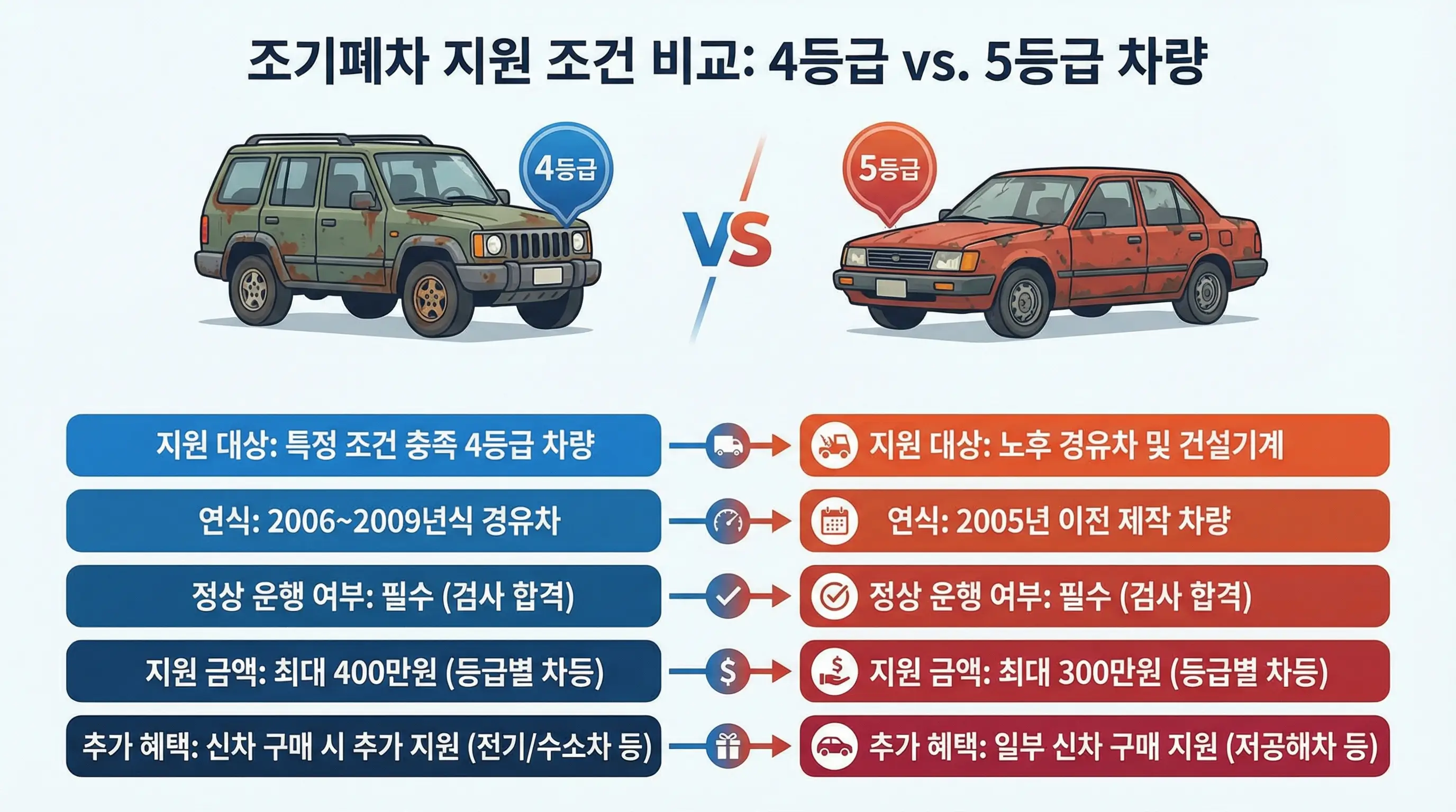 4등급과 5등급 차량의 조기폐차 지원 조건을 비교하는 인포그래픽 이미지