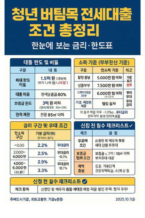 “청년 버팀목 전세대출 조건 총정리 – 한눈에 보는 금리·한도표