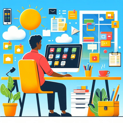 파란색 배경의 사무실에서 컴퓨터를 사용하는 남성, 디지털 아이콘과 메모들이 떠 있는 듯한 느낌.