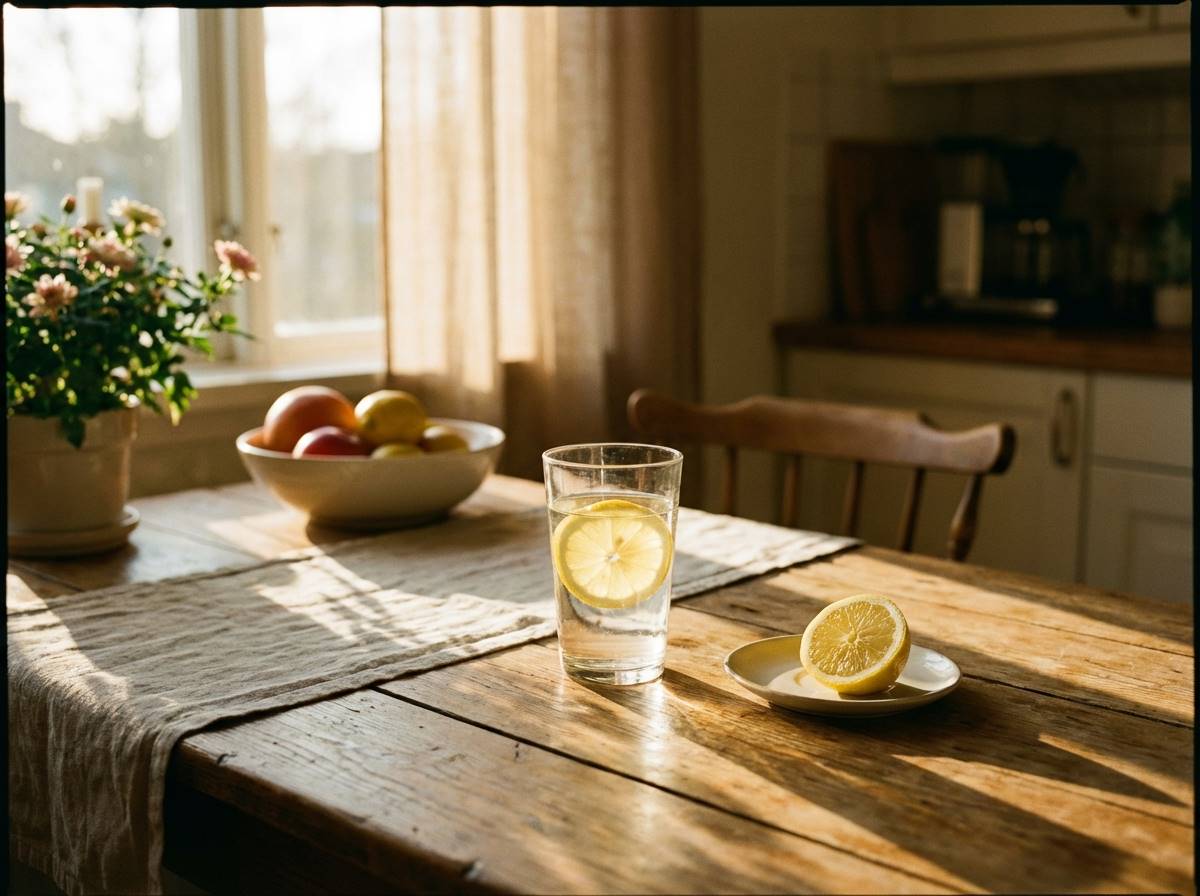 따뜻한 아침 햇살이 비치는 깔끔한 주방 테이블 위에 놓인 투명한 물잔과 신선한 레몬 슬라이스