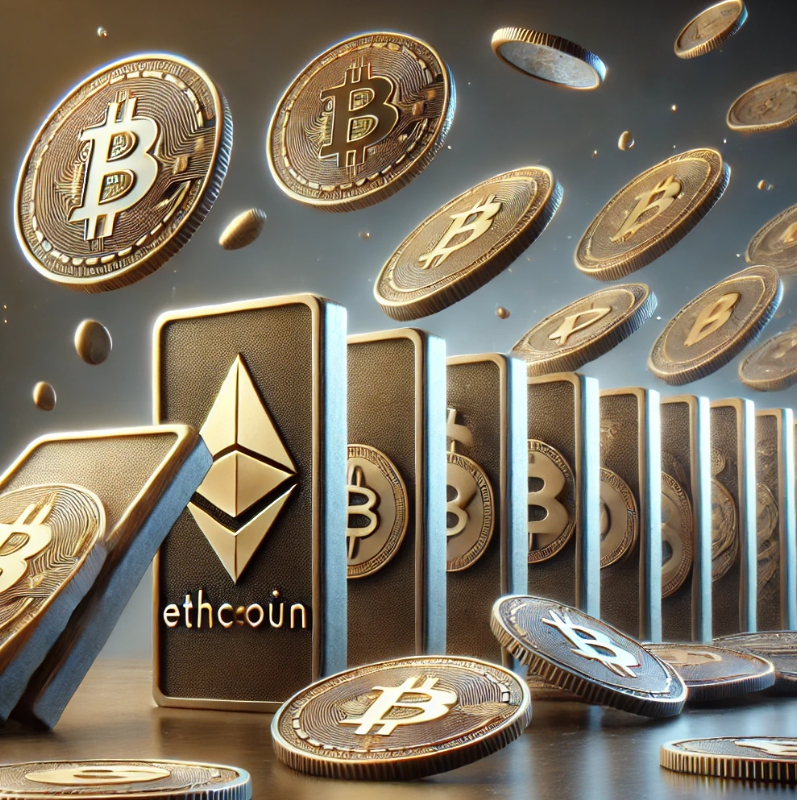 코인거래시 연쇄청산을 도미노로 표현했다.