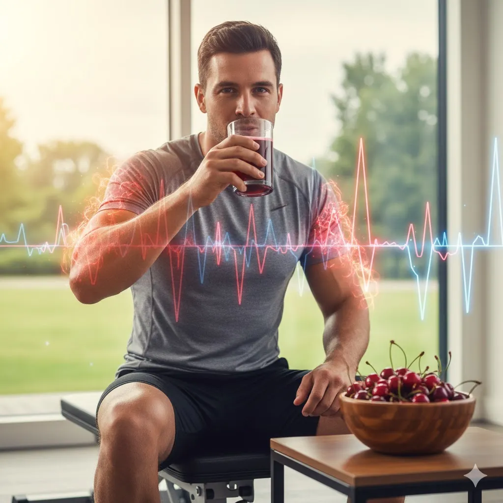 운동 후 땀 흘리는 사람 옆에 체리 주스나 신선한 체리가 놓여 있는 모습. 활력 넘치는 표정으로 체리를 섭취하며 피로를 푸는 모습을 그립니다. 