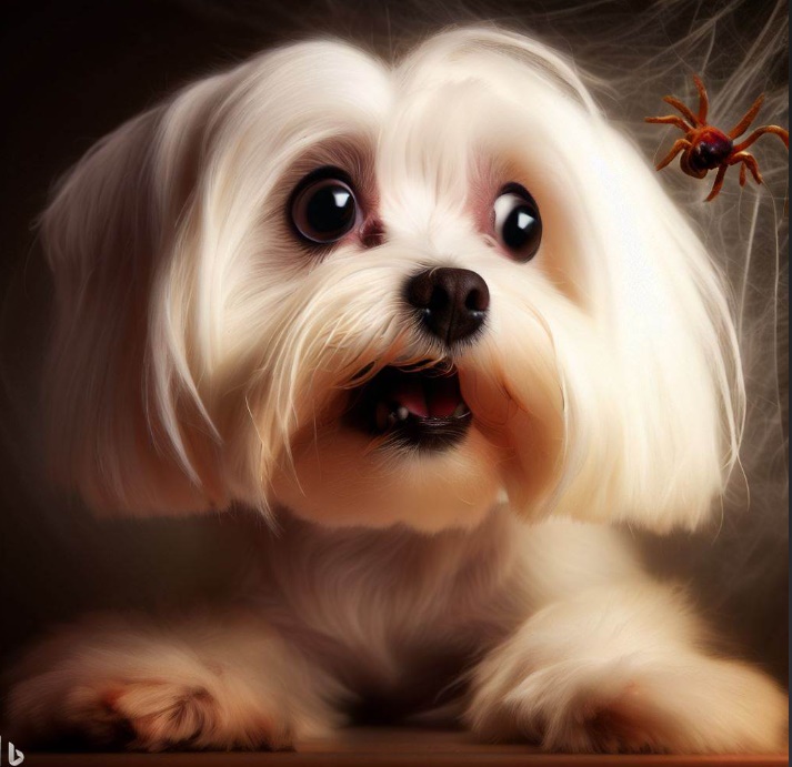 거미를 보고 두려워하는 말티즈(made by Bing)
