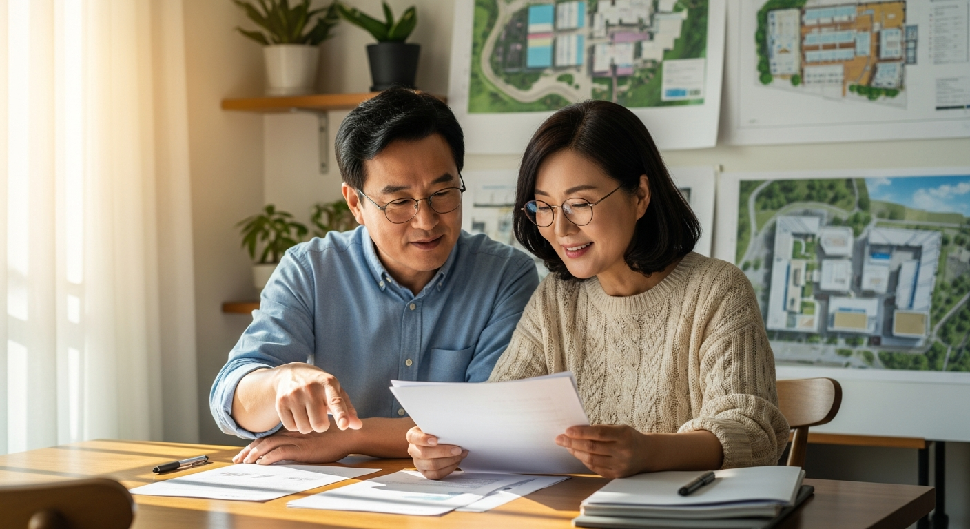 한 중년 부부가 식탁에 앉아 '노후계획도시 정비 특별법' 문서를 꼼꼼히 살펴보며 1기 신도시 재건축에 대한 미래 계획을 세우는 희망찬 모습.
