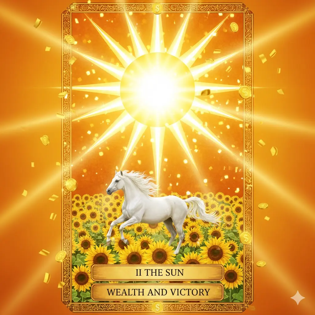 또 당첨 및 강력한 횡재수를 상징하는 태양 타로 카드 이미지. 밝게 빛나는 태양 아래 백마와 해바라기가 가득한 대박 운세.
