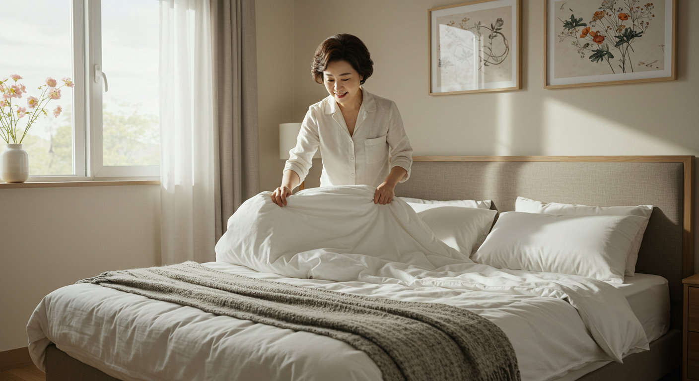 게스트룸을 정리하는 여성