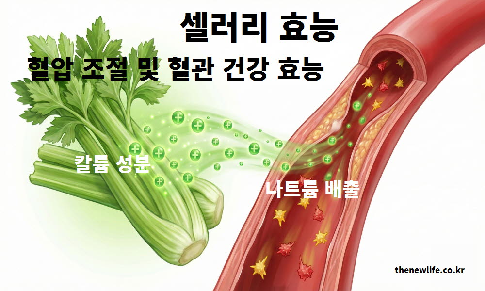 셀러리 효능이 혈압 조절을 돕고 튼튼한 혈관 건강을 유지하는 원리를 설명하는 이미지
