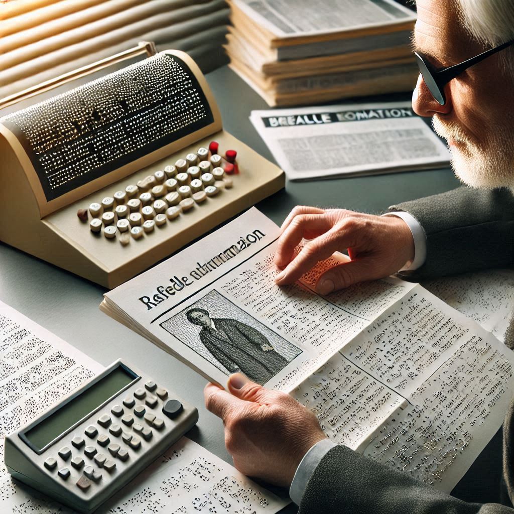 시각장애인이 점자신문을 읽고 있는 모습, 옆에는 점자정보단말기가 놓여있고, 배경에는 다양한 점자 출판물들이 보인다.