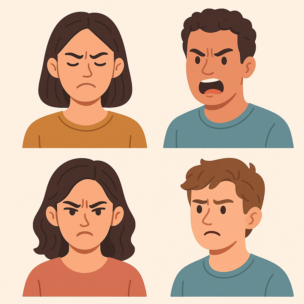 네 명의 사람이 각기 다른 분노 표정(참는 얼굴, 화난 얼굴, 짜증내는 얼굴, 회피하는 얼굴)을 하고 있는 일러스트