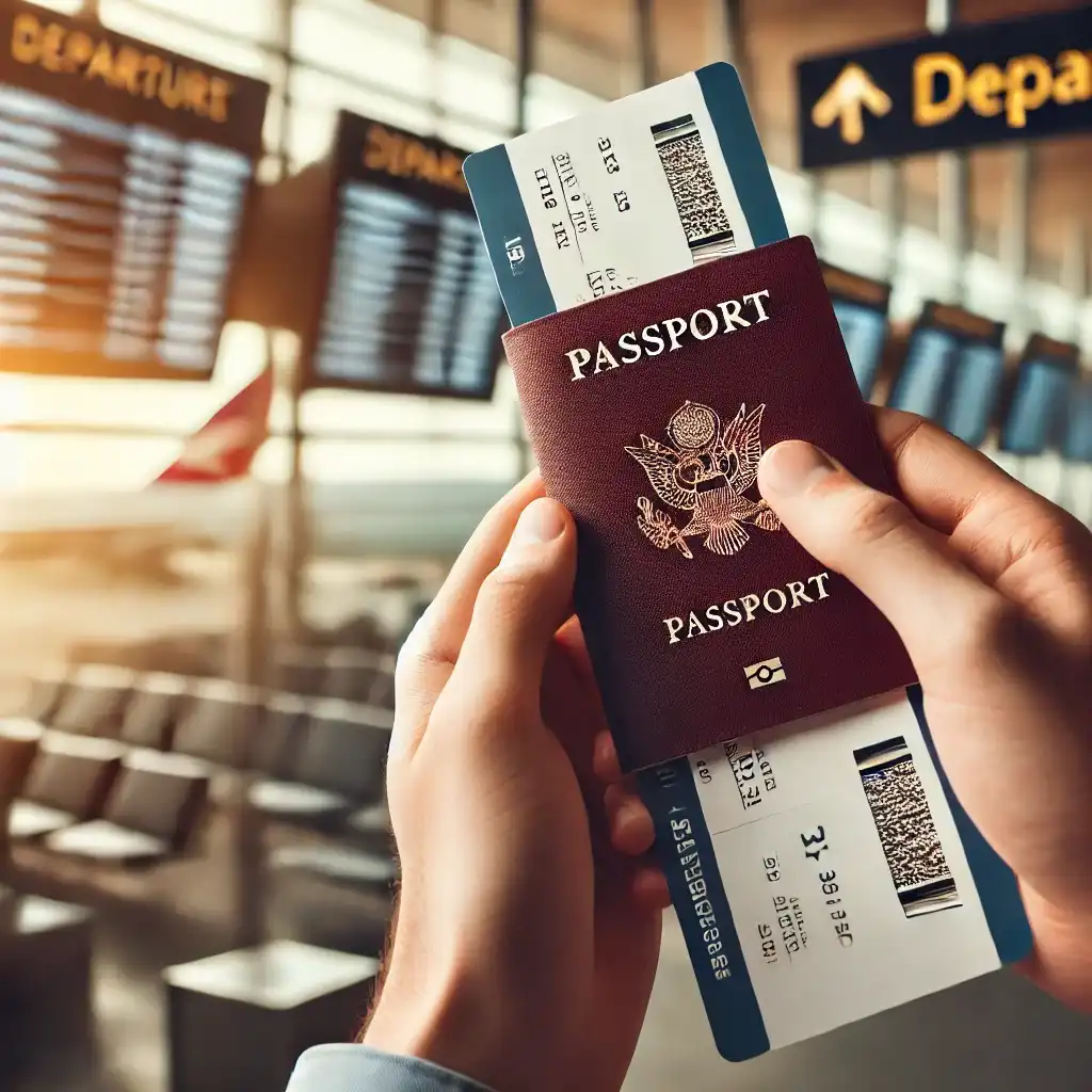 공항에서 여권과 항공권을 들고 있는 여행자의 손