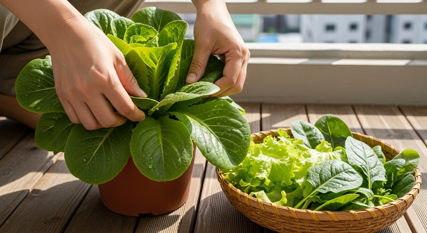 베란다 텃밭에서 자란 상추의 겉잎부터 차례대로 수확하는 모습. 지속 가능한 쌈채소 자급자족의 핵심 기술을 보여준다.