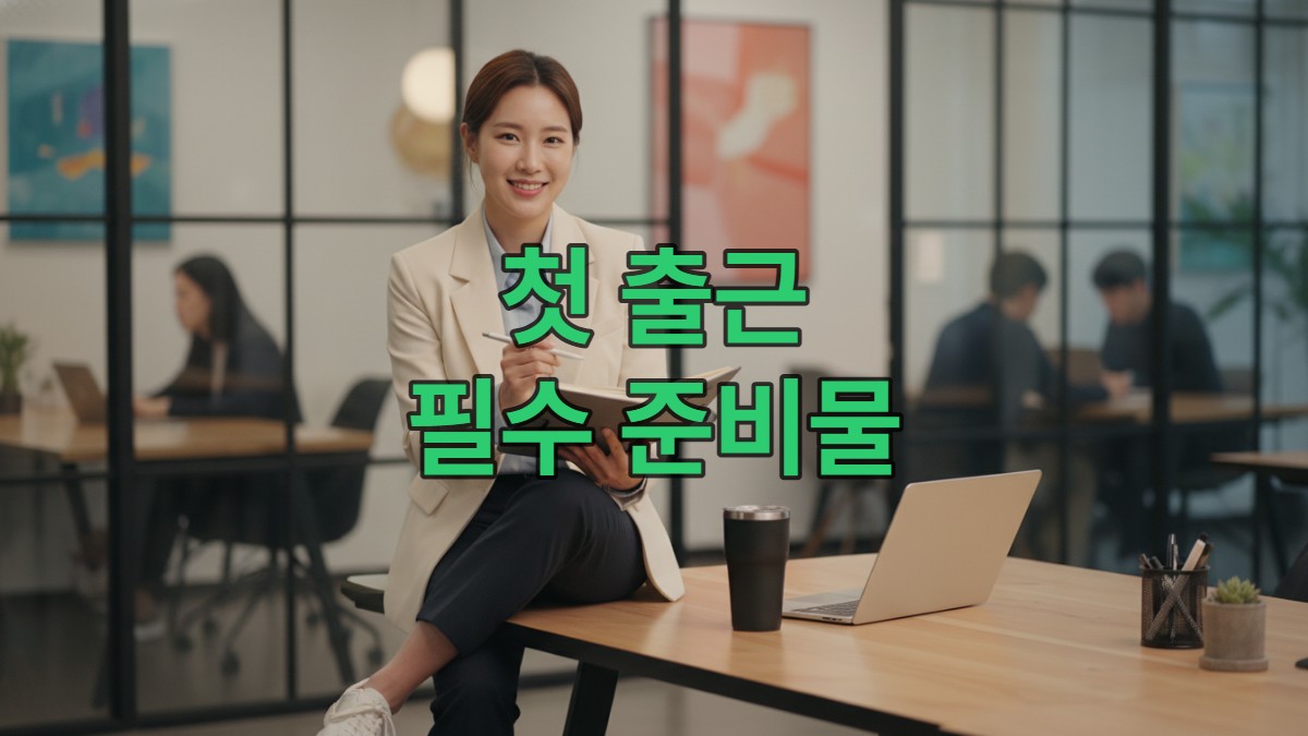 깔끔하게 정리된 사무실 책상 앞에서 노트북, 텀블러, 노트를 두고 환하게 미소 짓는 20대 후반 한국인 사회초년생 여성. 첫 출근을 완벽하게 준비하는 스마트한 직장인의 모습.