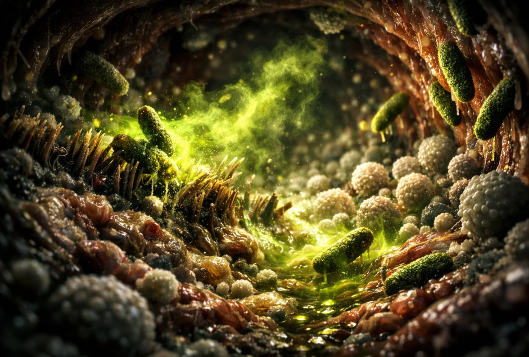 백일해 독소에 의해 섬모가 마비된 기도 내부에서 세균과 염증 물질이 증식하는 모습을 표현한 3D 의료 이미지