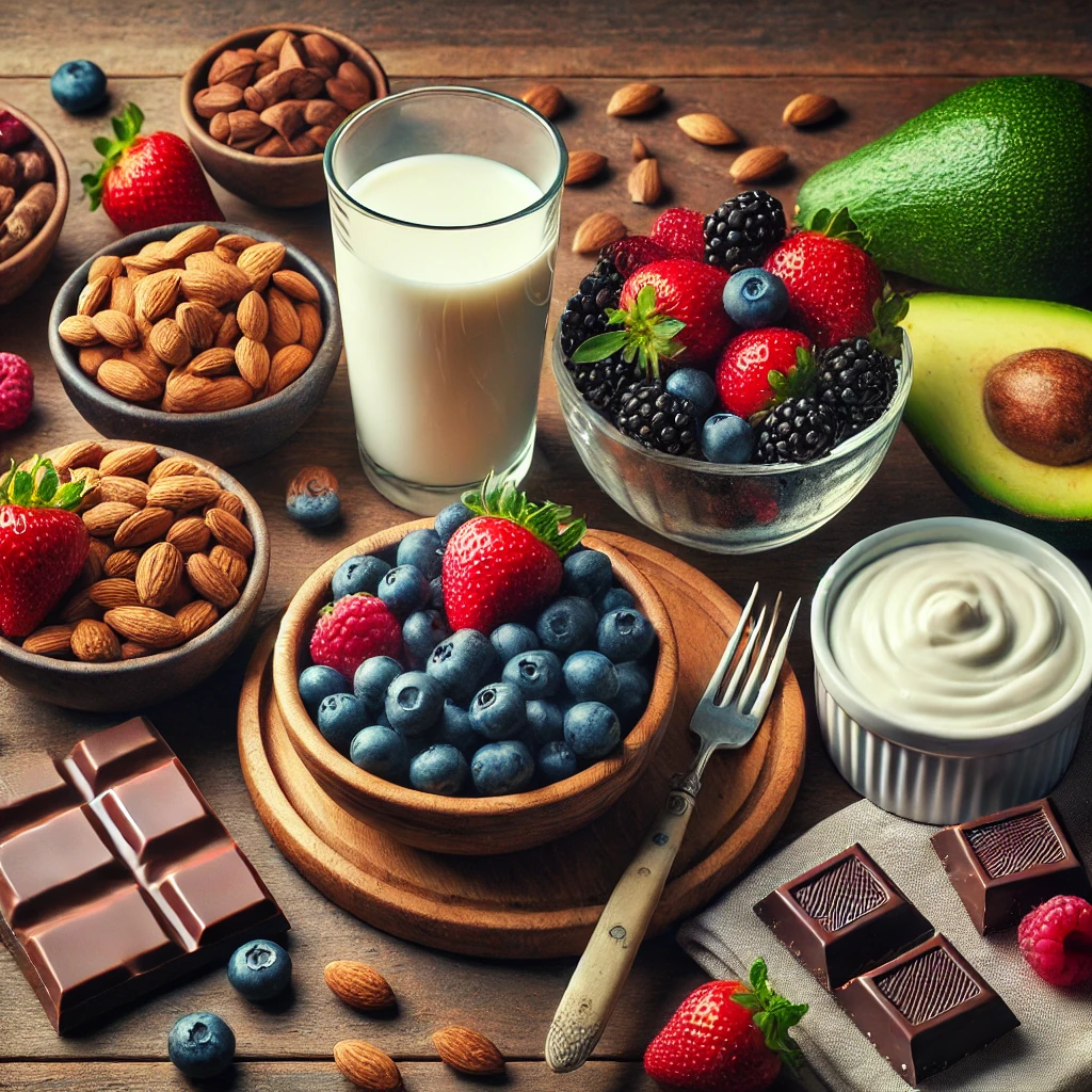 아몬드와 신선한 베리류, 무가당 두유를 곁들인 건강식단