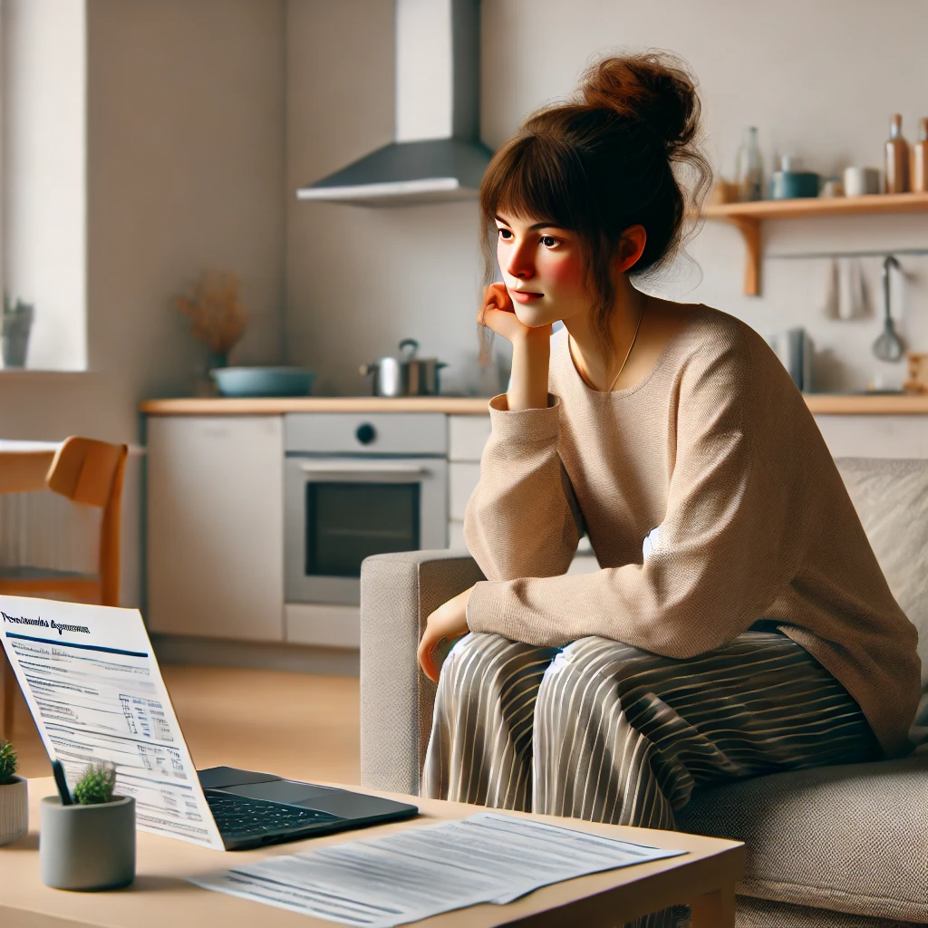 원룸 소파에서 월세 계약서를 보며 고민하는 20대 여성의 모습