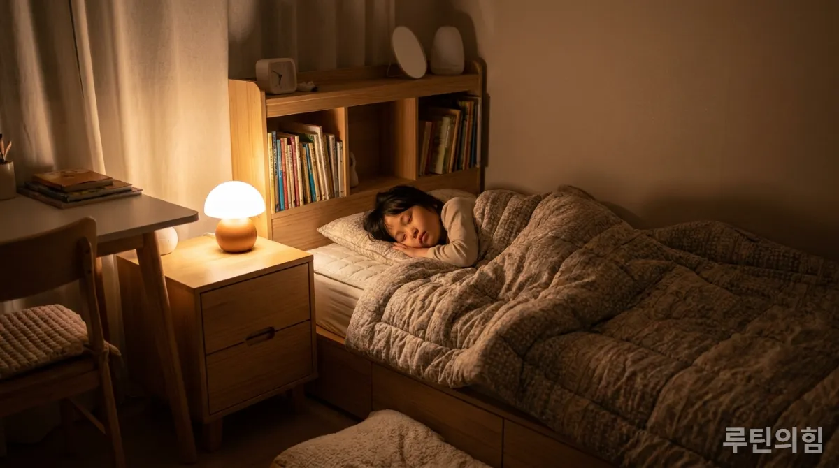 따뜻한 이불 속에서 평화롭게 잠든 한국 아이의 모습