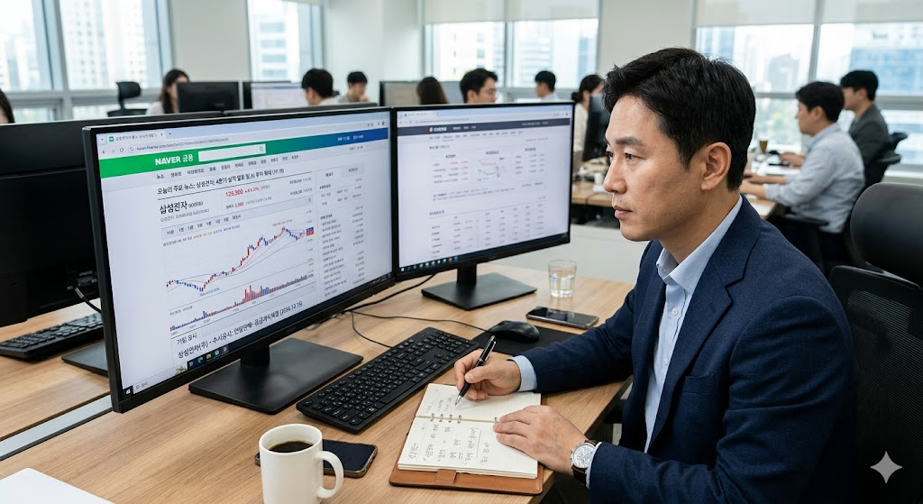 40대 남성이 밝은 사무실 환경에서 모니터로 뉴스 기사와 주식 차트를 함께 보고 있는 장면.
책상 위에 노트와 커피잔이 있고, 화면에는 기업 공시 내용이 펼쳐져 있다.
차분하고 집중적인 분위기.
주식 종목 선택 시 뉴스와 공시를 확인하는 과정을 나타내는 이미지로, 3단계 본문 앞에 배치할 이미지.