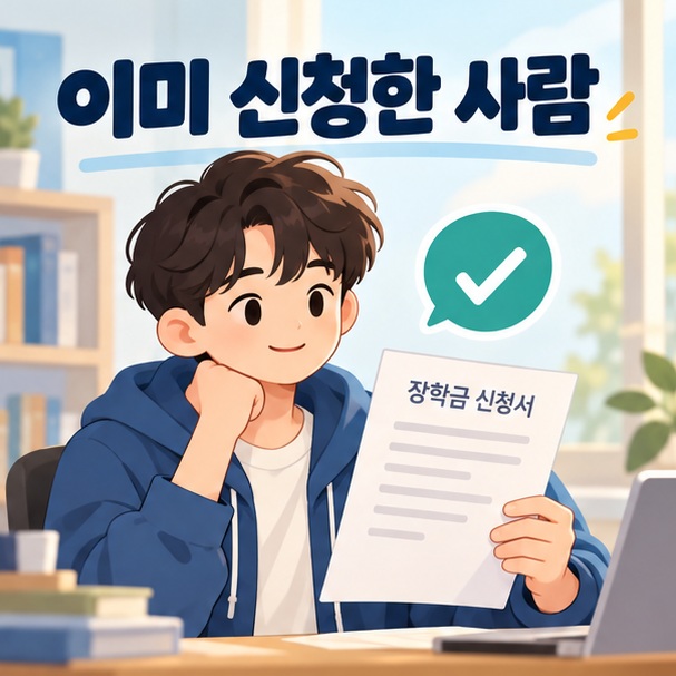 대학생이 이미 제출한 신청 서류와 확인 아이콘을 살펴보는 모습