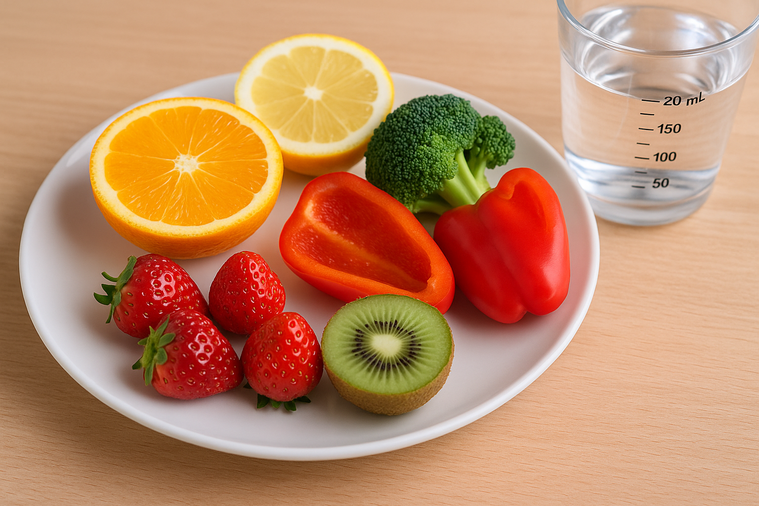 비타민C가 풍부한 과일과 채소 접시와 물컵