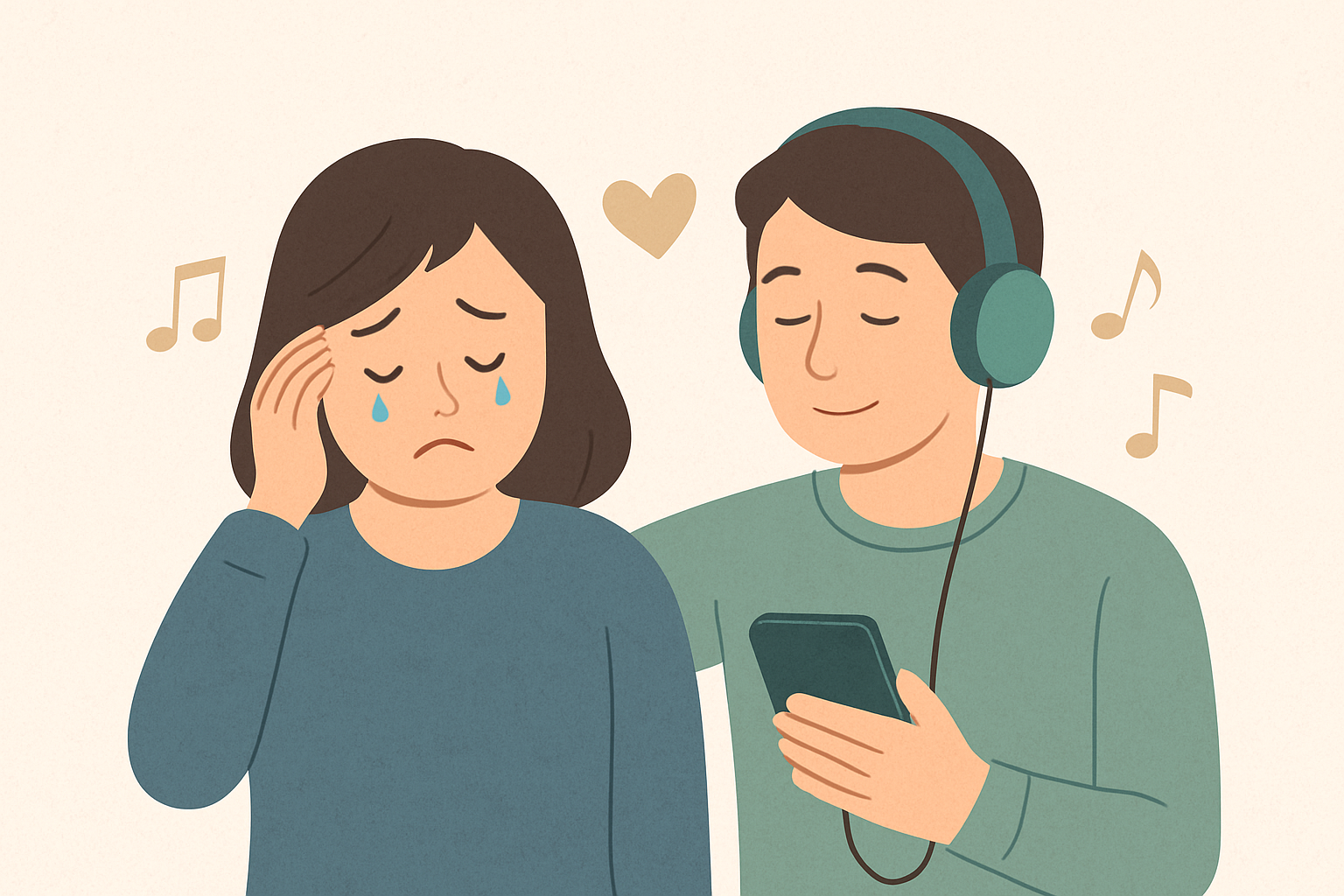 우울한 여성에게 음악을 들려주는 남성 일러스트