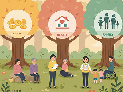 숲속에 소득&amp;#44; 건강&amp;#44; 가족을 상징하는 나무들이 서 있고&amp;#44; 그 아래 다양한 시민들(노인&amp;#44; 어린이&amp;#44; 휠체어 이용자 등)이 평화롭게 쉬고 있는 장면. 각 나무에는 &lsquo;INCOME&rsquo;&amp;#44; &lsquo;HEALTH&rsquo;&amp;#44; &lsquo;FAMILY&rsquo; 아이콘이 떠 있으며&amp;#44; 복지 지원을 포근하게 표현한 그림. 