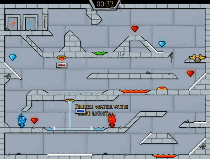 불물게임-2인용-게임하기-3-아이스템플-플레이-소녀가-파란색-버튼을-밟고-얼음-광선을-작동시키는-화면