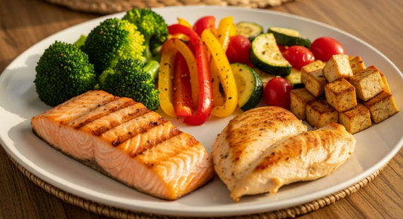 건강하지만 빈약해 보이지 않고, 포만감을 줄 수 있는 먹음직스러운 저녁 식사 사진